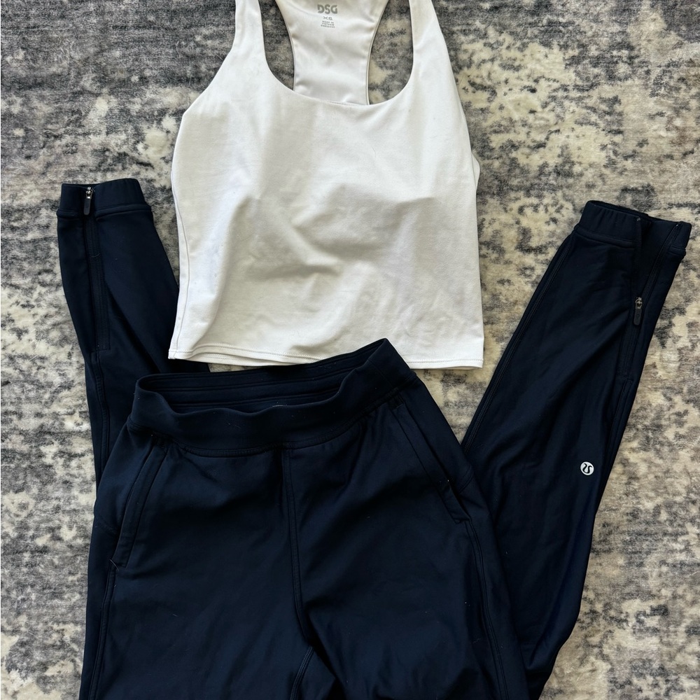 Fleece Lulu lemon joggers and white DSG crop